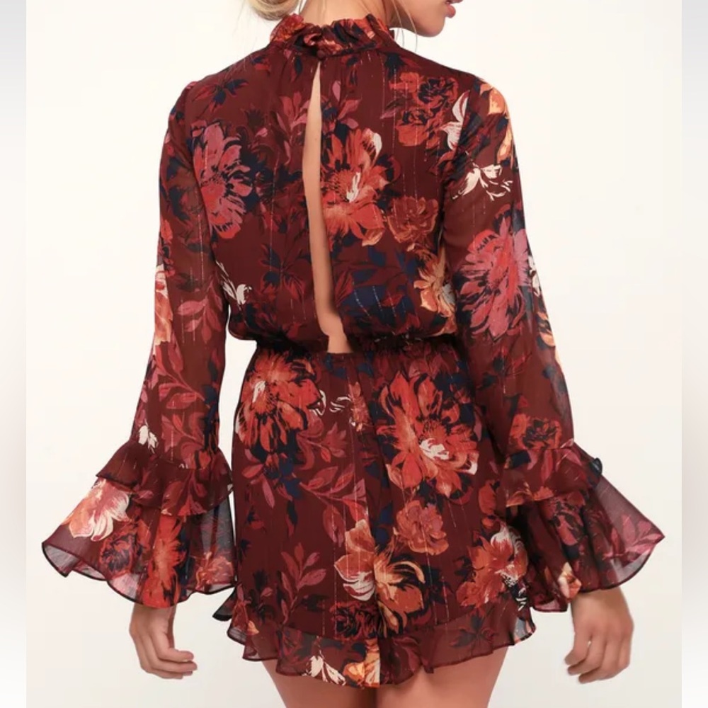 Lulu's Rust Floral Long-Sleeve Ruffle Romper - Picture 3 of 5